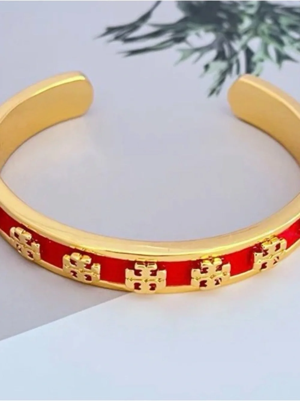 Tory Burch Enamel Raised Logo Stacked T Cuff Bangle Bracelet; Red/Gold -Size 6.5